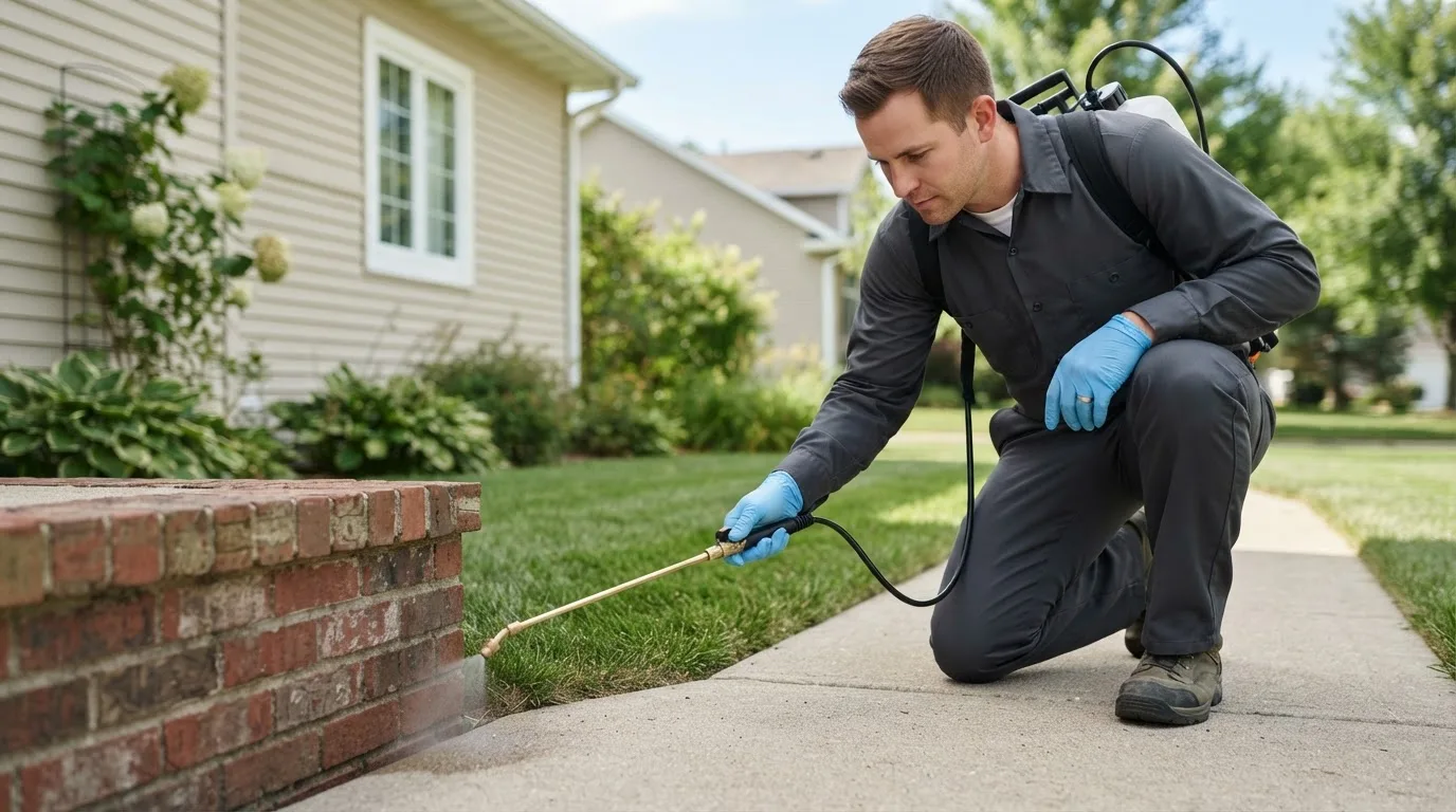 Pest control technician treating a home near Weston, VT